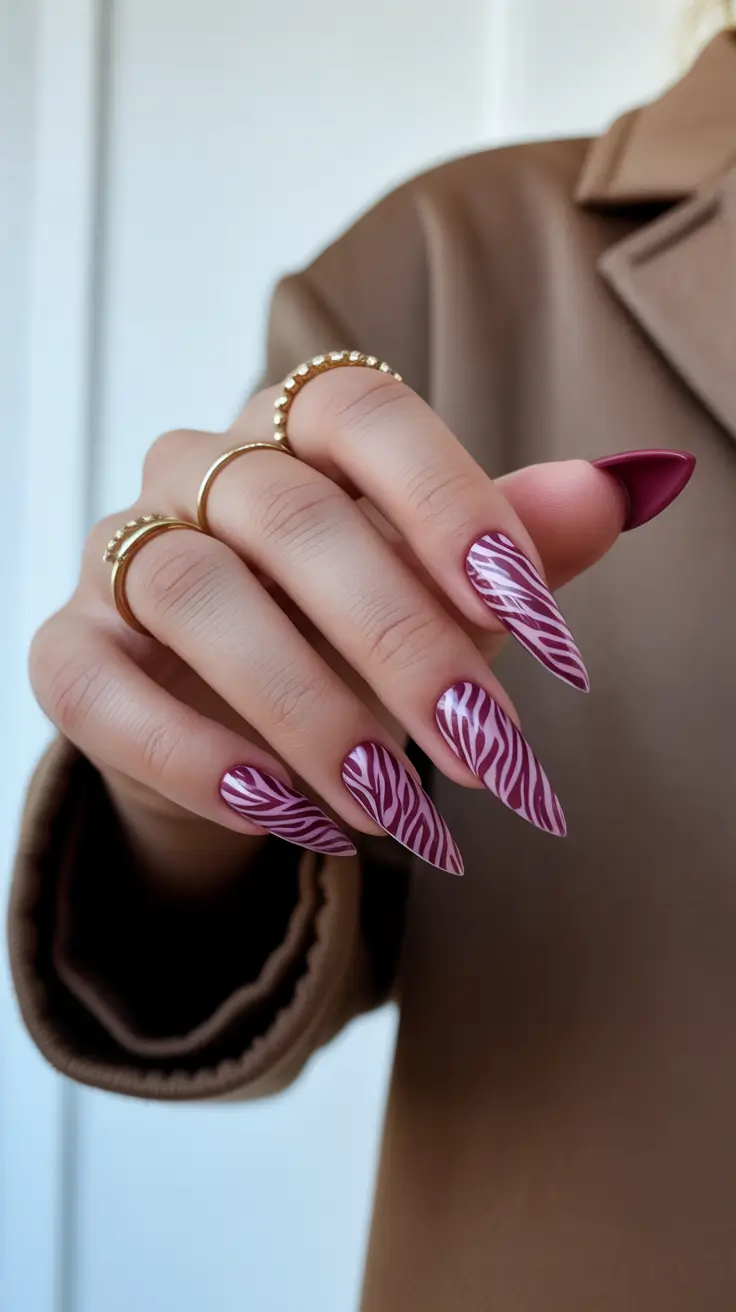 spring nail colors 2026 Plum Zebra Lines for a Sleek Statement