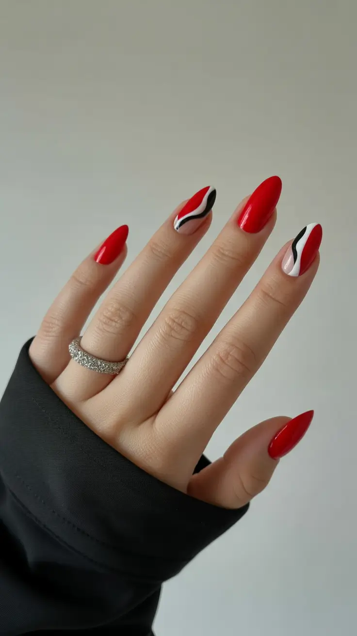 spring nail colors 2026 Classic Red With Minimal Graphic Lines