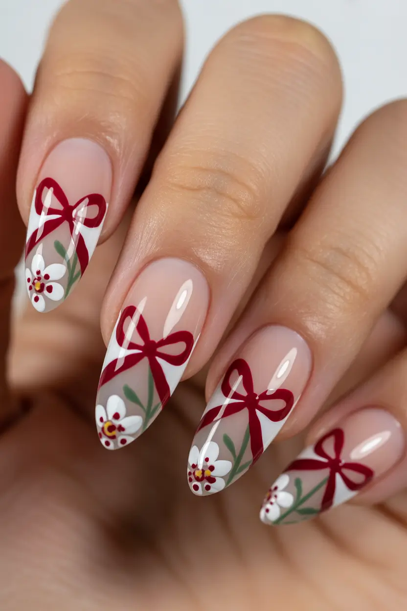 spring nail colors 2026 Playful Bows and Soft Red Details