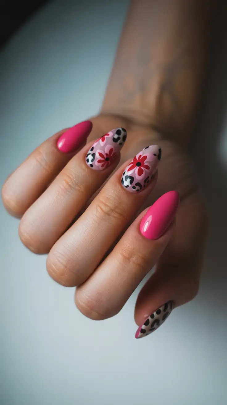 spring nail colors 2026 Hot Pink Pop With Floral Leopard Details
