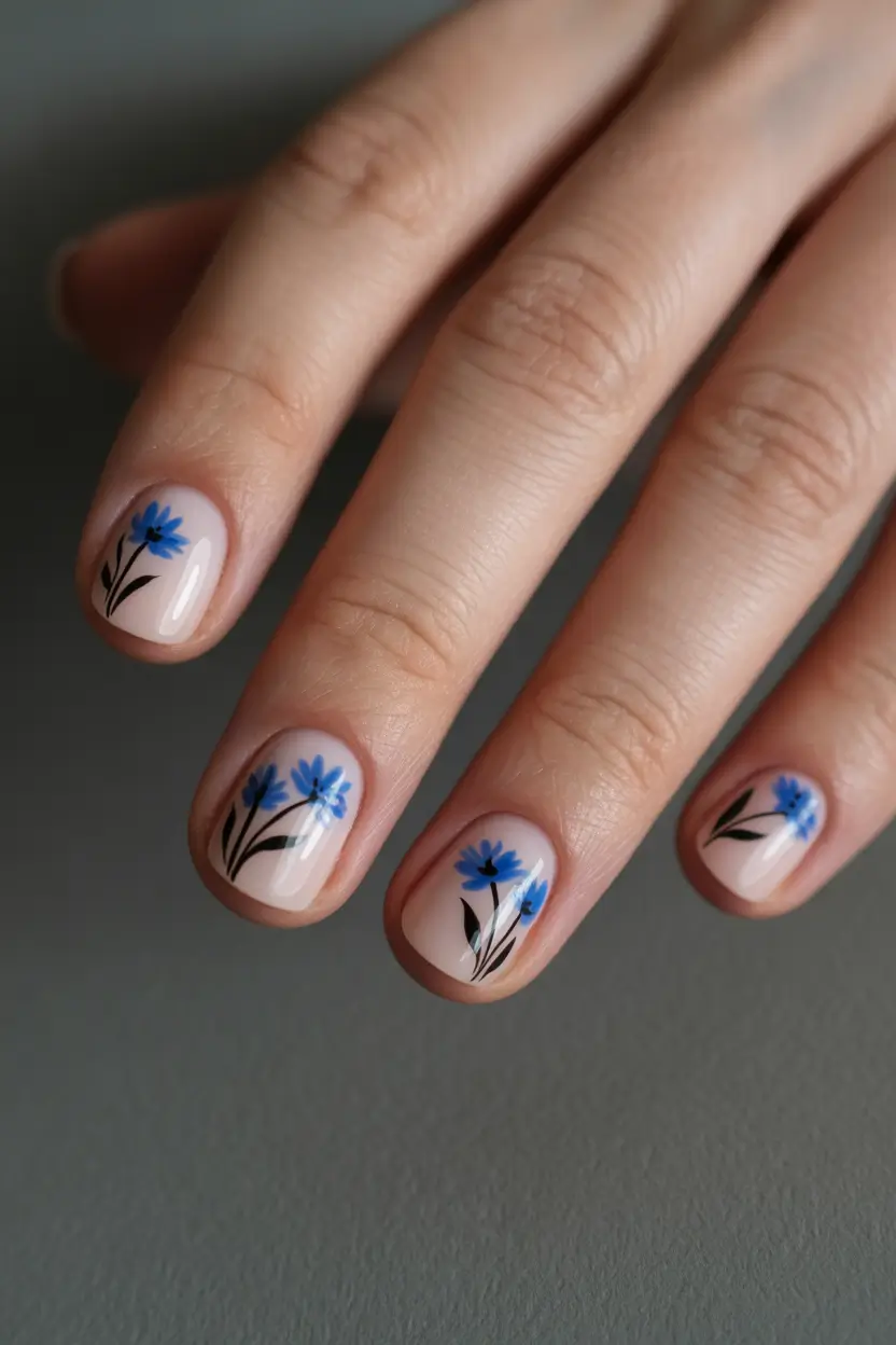 spring nail colors 2026 Minimal Blue Florals for Short Natural Nails