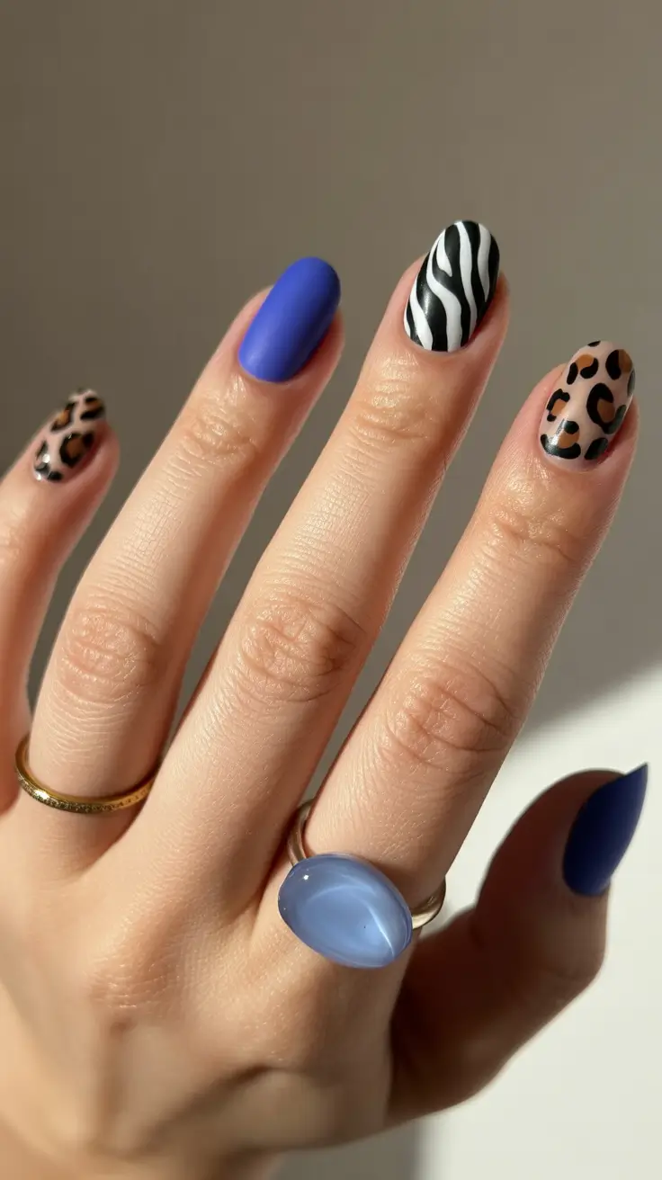 spring nail colors 2026 Bold Blue With Graphic Animal Prints