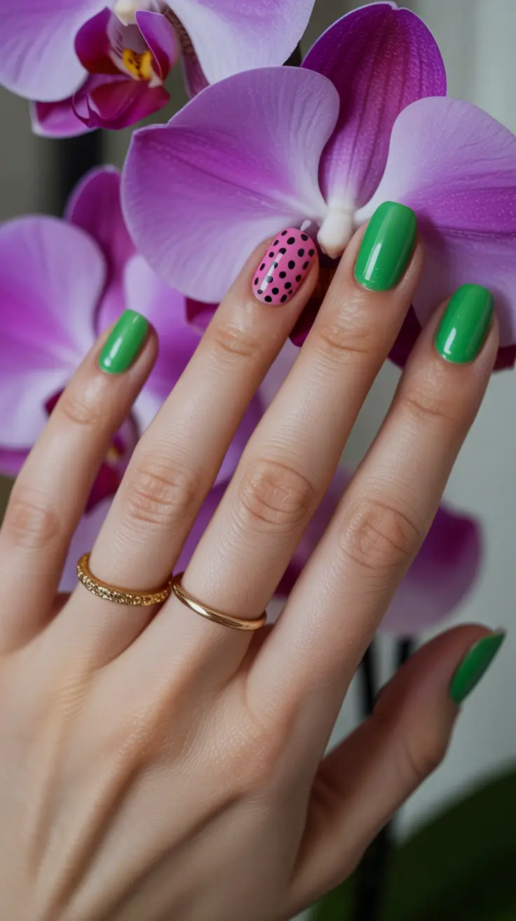 spring nail colors 2026 Fresh Green With Polka Dot Accent