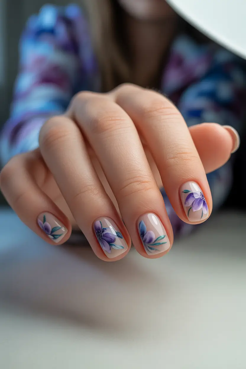 spring nail colors 2026 Minimal Floral Art on Short Neutral Nails