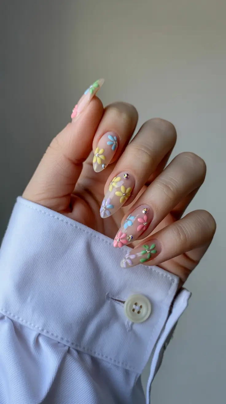 spring nail colors 2026 Pastel 3D Flowers for a Cute Statement Set