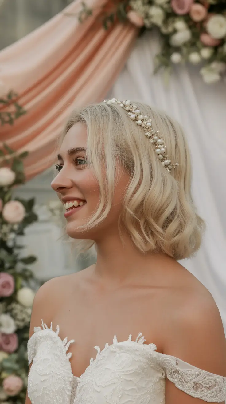spring wedding hairstyle 2026 Soft Pearl Headband on a Textured Bob