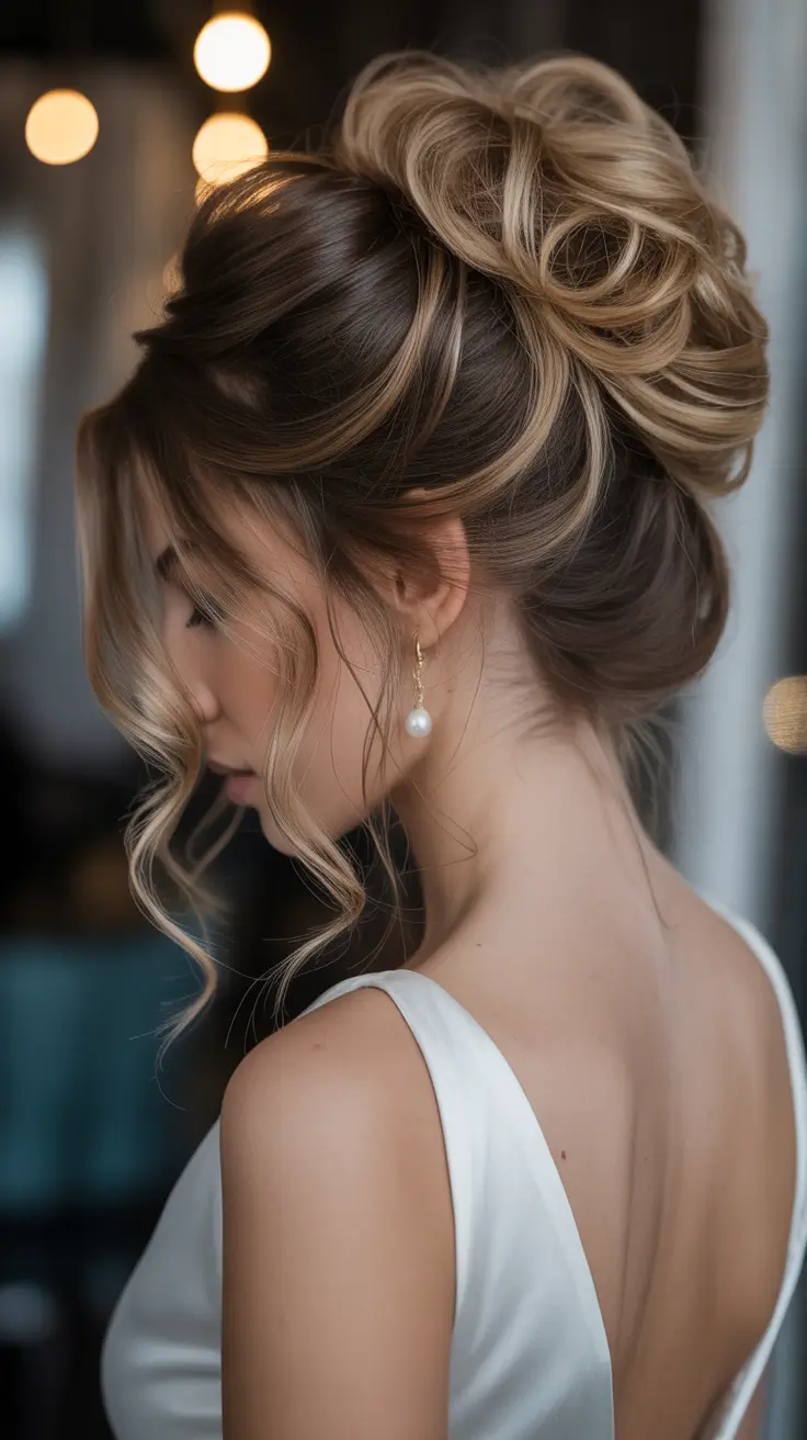 spring wedding hairstyle 2026 Voluminous Textured Updo with Face Framing Strands