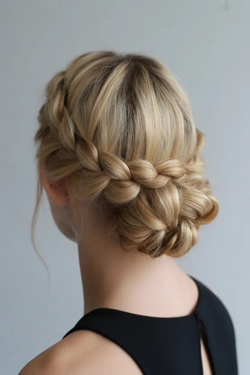 spring wedding hairstyle 2026 Low Braided Bun with Soft Crown Detail