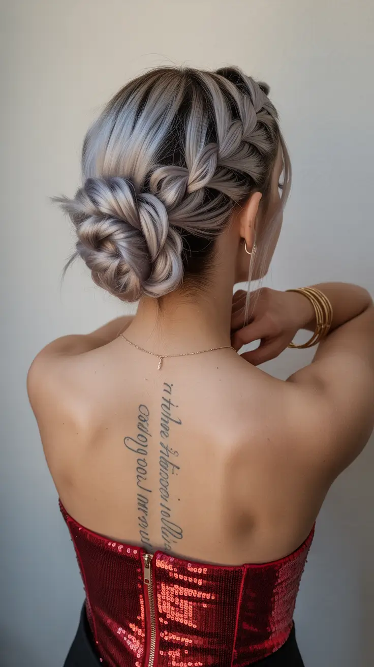 spring wedding hairstyle 2026 Intricate Braided Low Knot with Cool Tones
