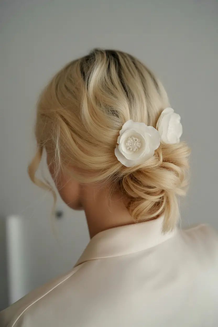 spring wedding hairstyle 2026 Low Textured Bride Updo With Floral Accent