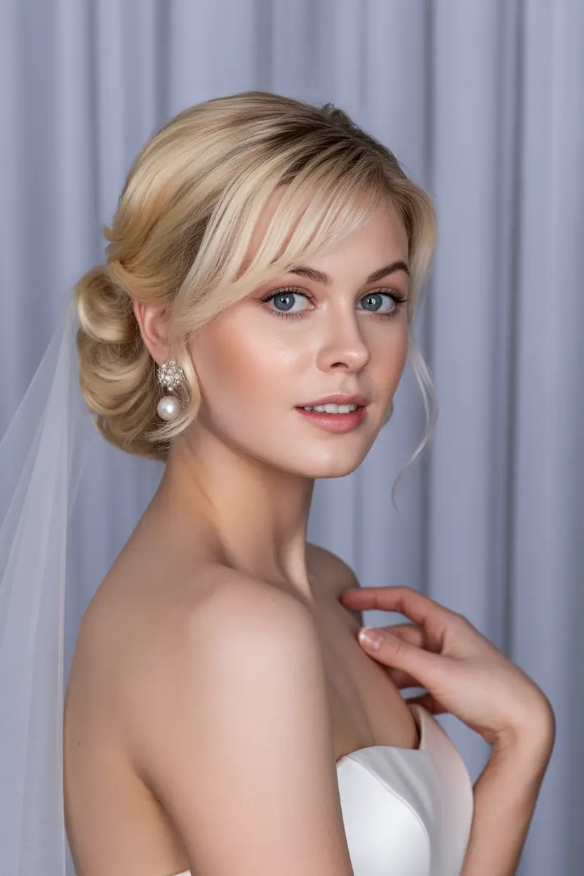 spring wedding hairstyle 2026 Low Romantic Updo with Veil and Side Bangs