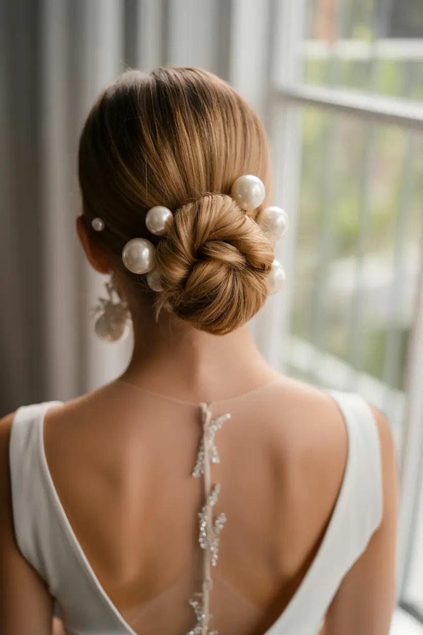 spring wedding hairstyle 2026 Classic Low Knot With Statement Pearls