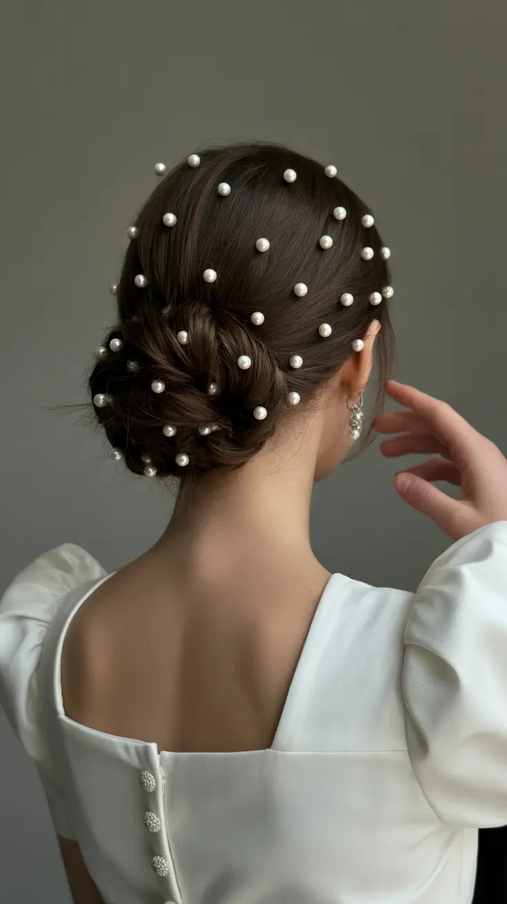 spring wedding hairstyle 2026 Brunette Pearl Crown Low Updo
