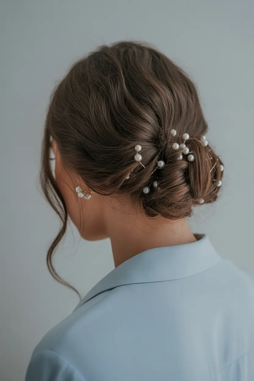spring wedding hairstyle 2026 Soft Twisted Guest Bun With Pearl Pins