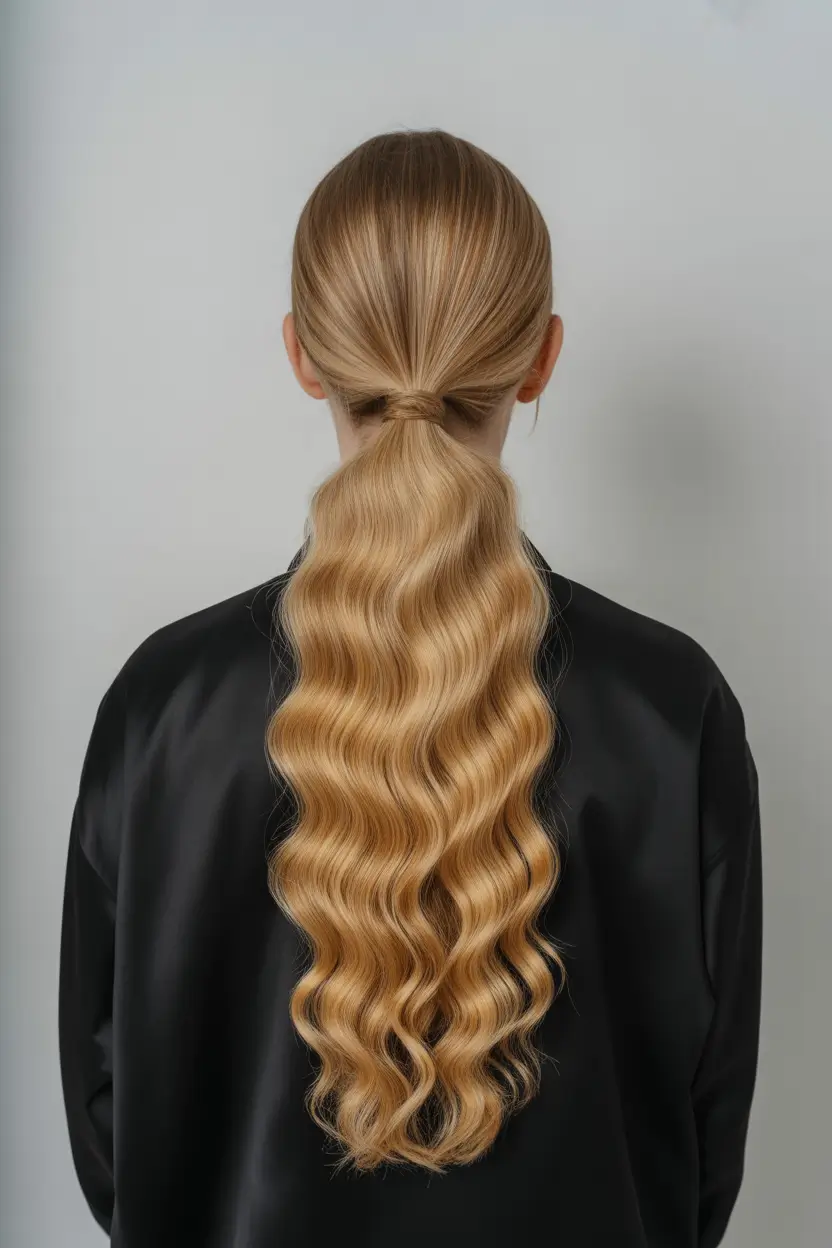 spring wedding hairstyle 2026 Low Wavy Ponytail For Modern Boho Brides