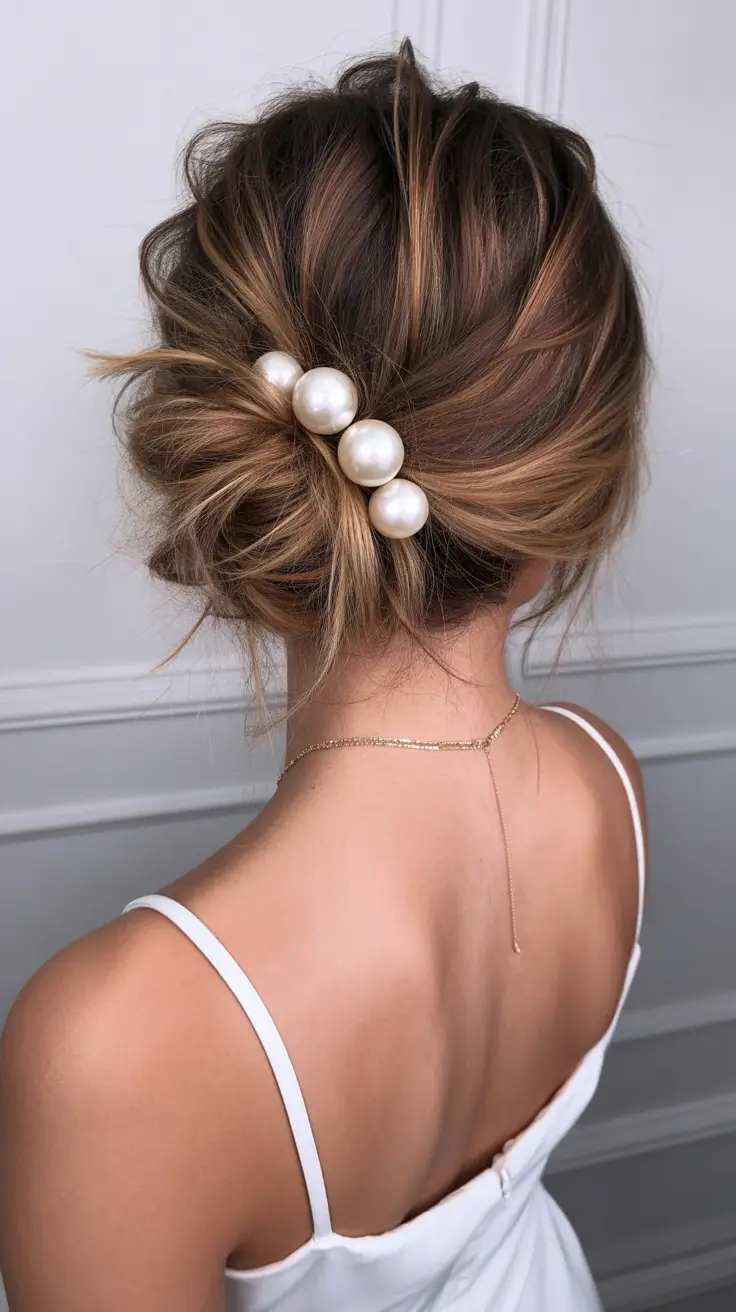spring wedding hairstyle 2026 Textured Low Bun with Pearl Accent