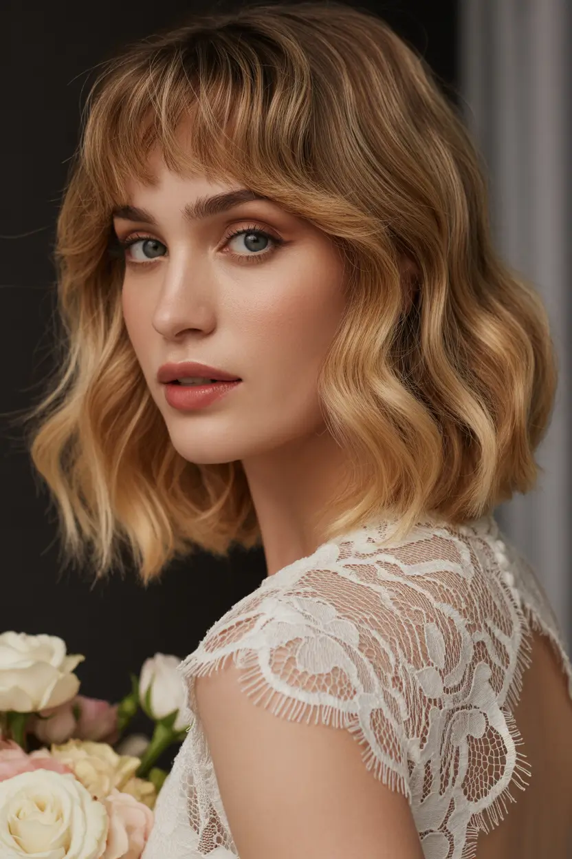spring wedding hairstyle 2026 Boho Wavy Bob with Soft Fringe