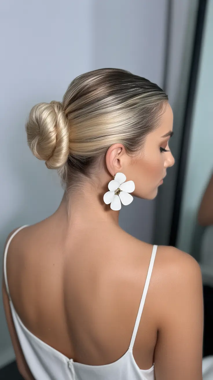 spring wedding hairstyle 2026 Sleek Low Bun with Statement Earrings