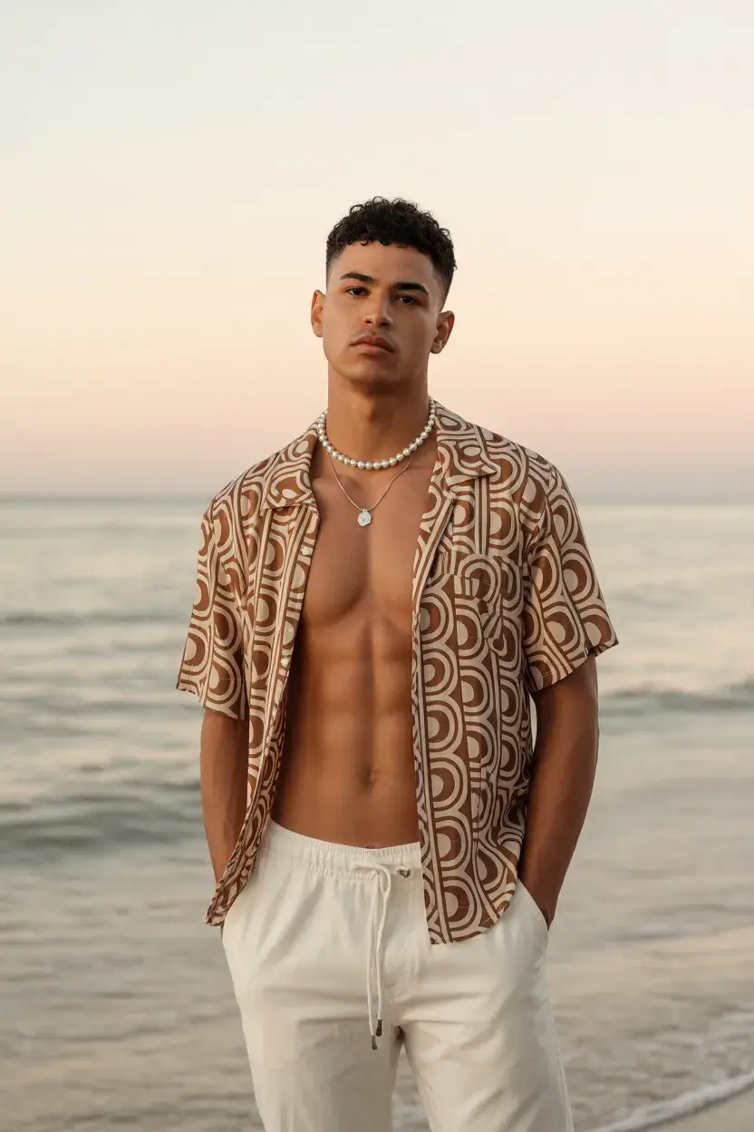 casual summer outfits men 2026 Warm Beach Minimalism with Statement Print