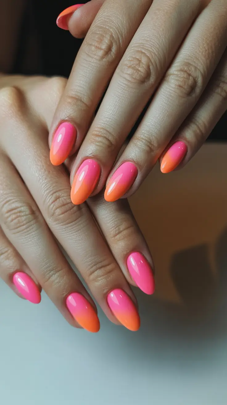 chic pretty spring nails 2026 Juicy Sunset Ombre Almond Nails