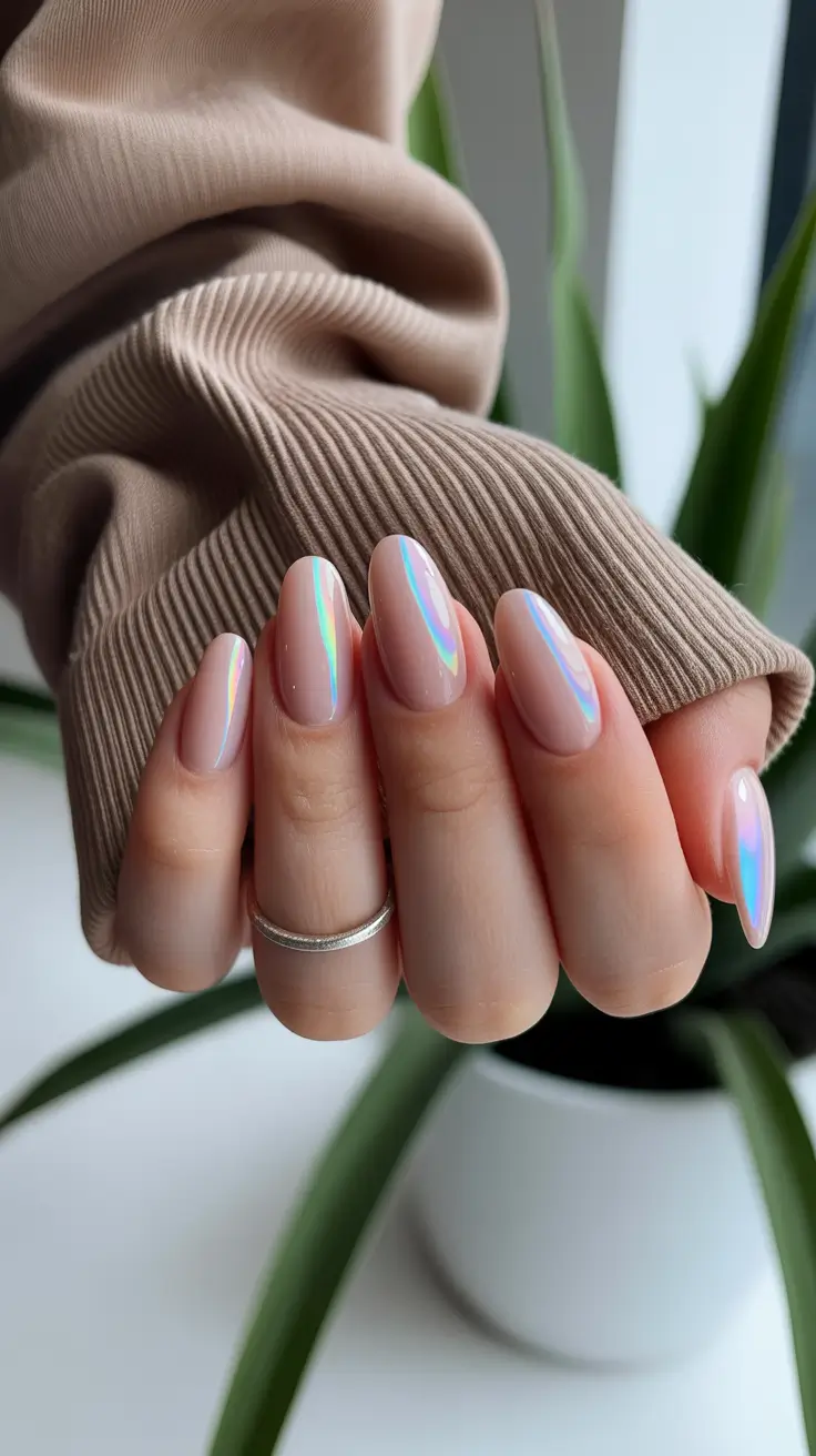 chic pretty spring nails 2026 Sheer blush nails with iridescent chrome shine