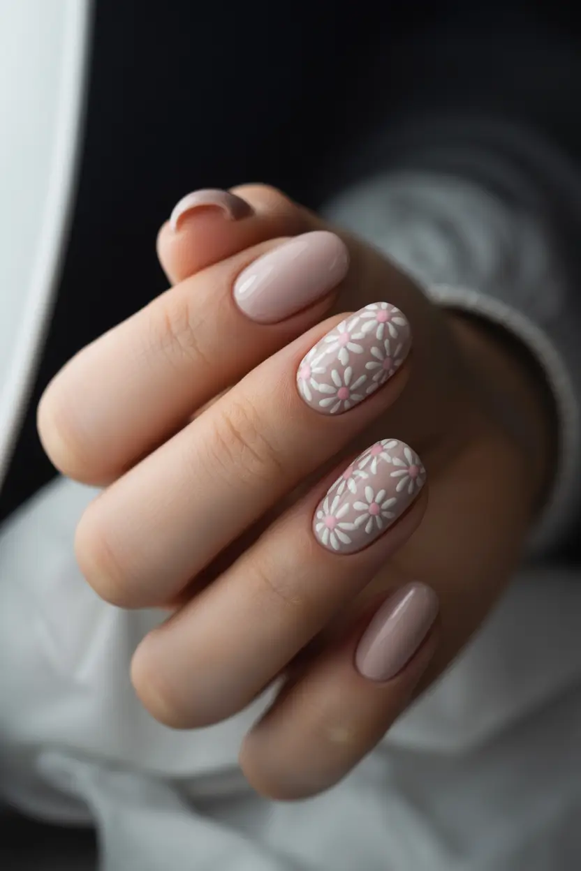 chic pretty spring nails 2026 Soft nude daisy nails for delicate spring style