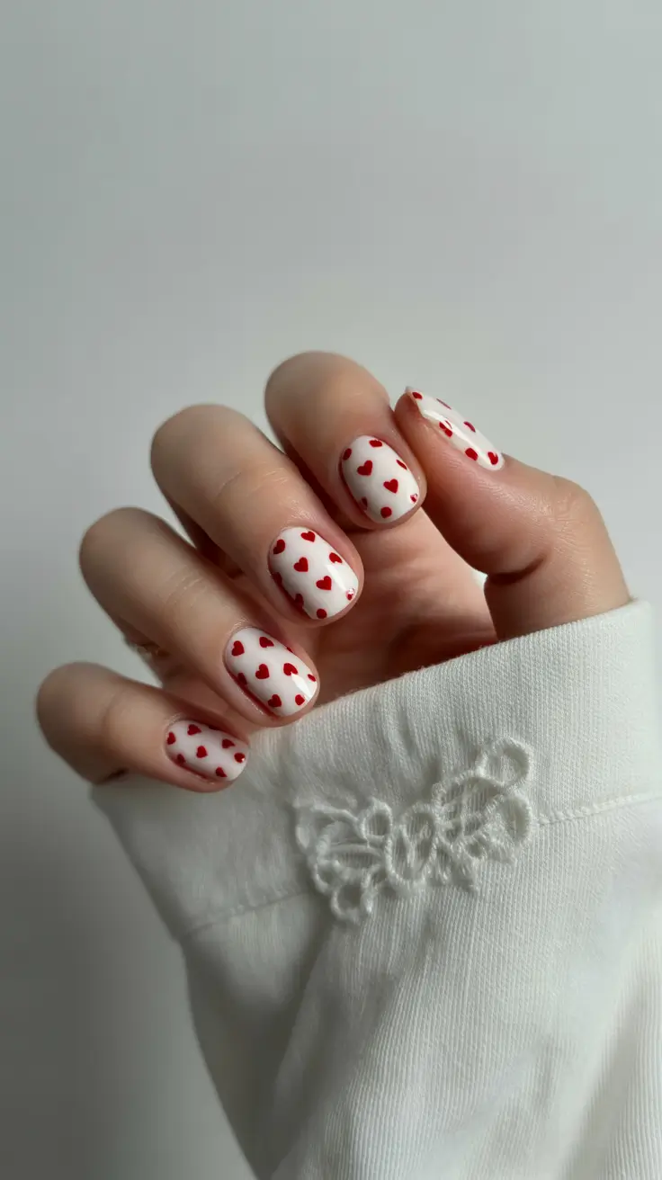 chic pretty spring nails 2026 Cute red heart nails for playful spring mood