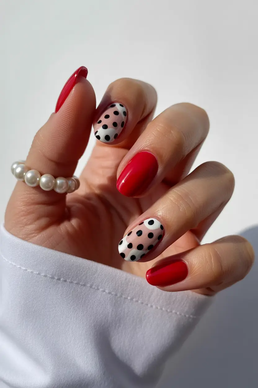 chic pretty spring nails 2026 Classic red and black polka dot nails