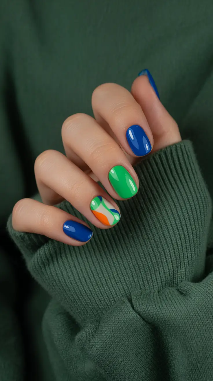 chic pretty spring nails 2026 Colorful abstract blue and green spring nails