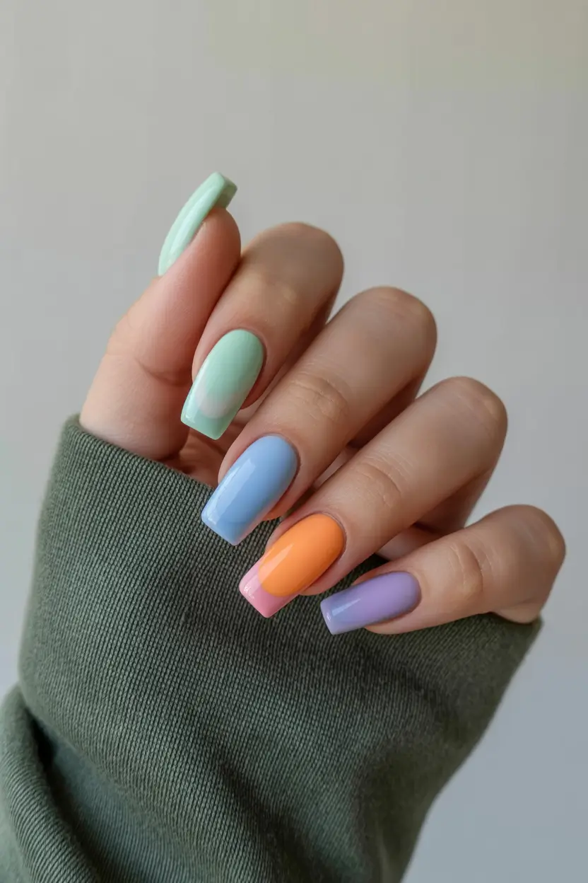 chic pretty spring nails 2026 Pastel color block square spring nails