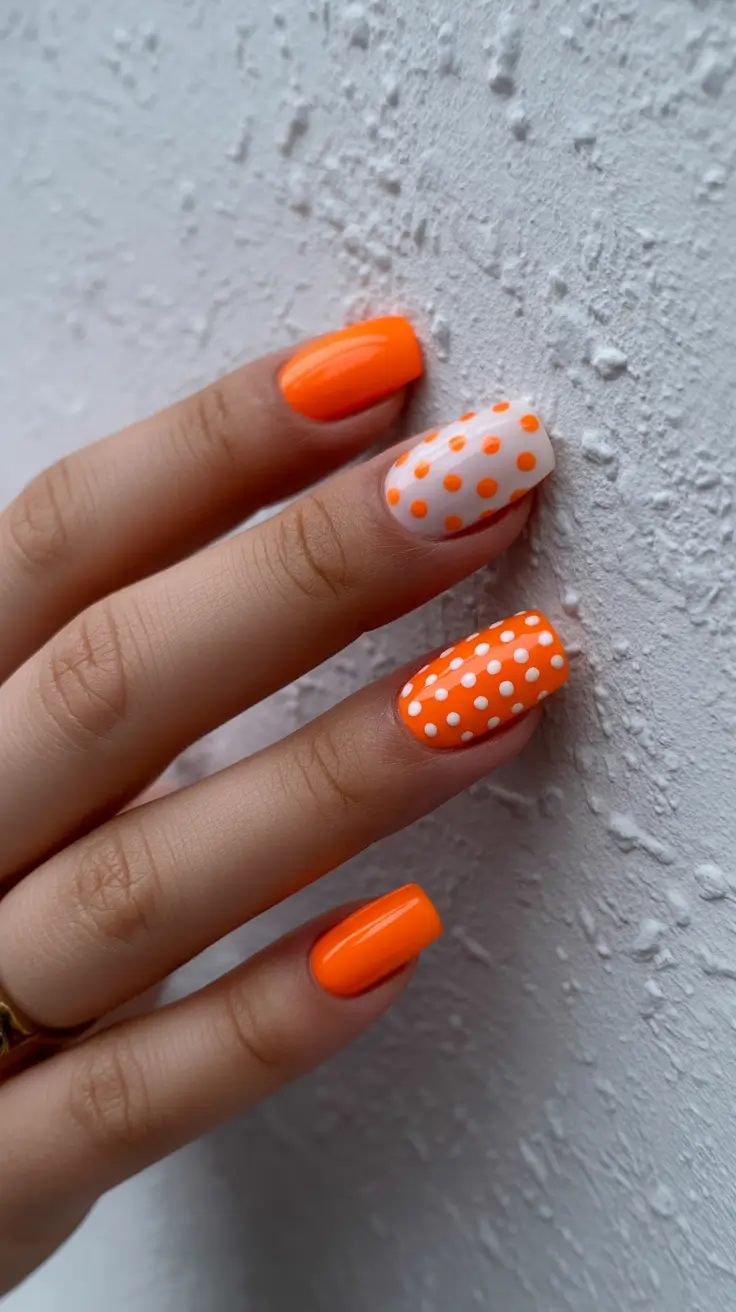 chic pretty spring nails 2026 Bright Orange Polka Dot Spring Nails