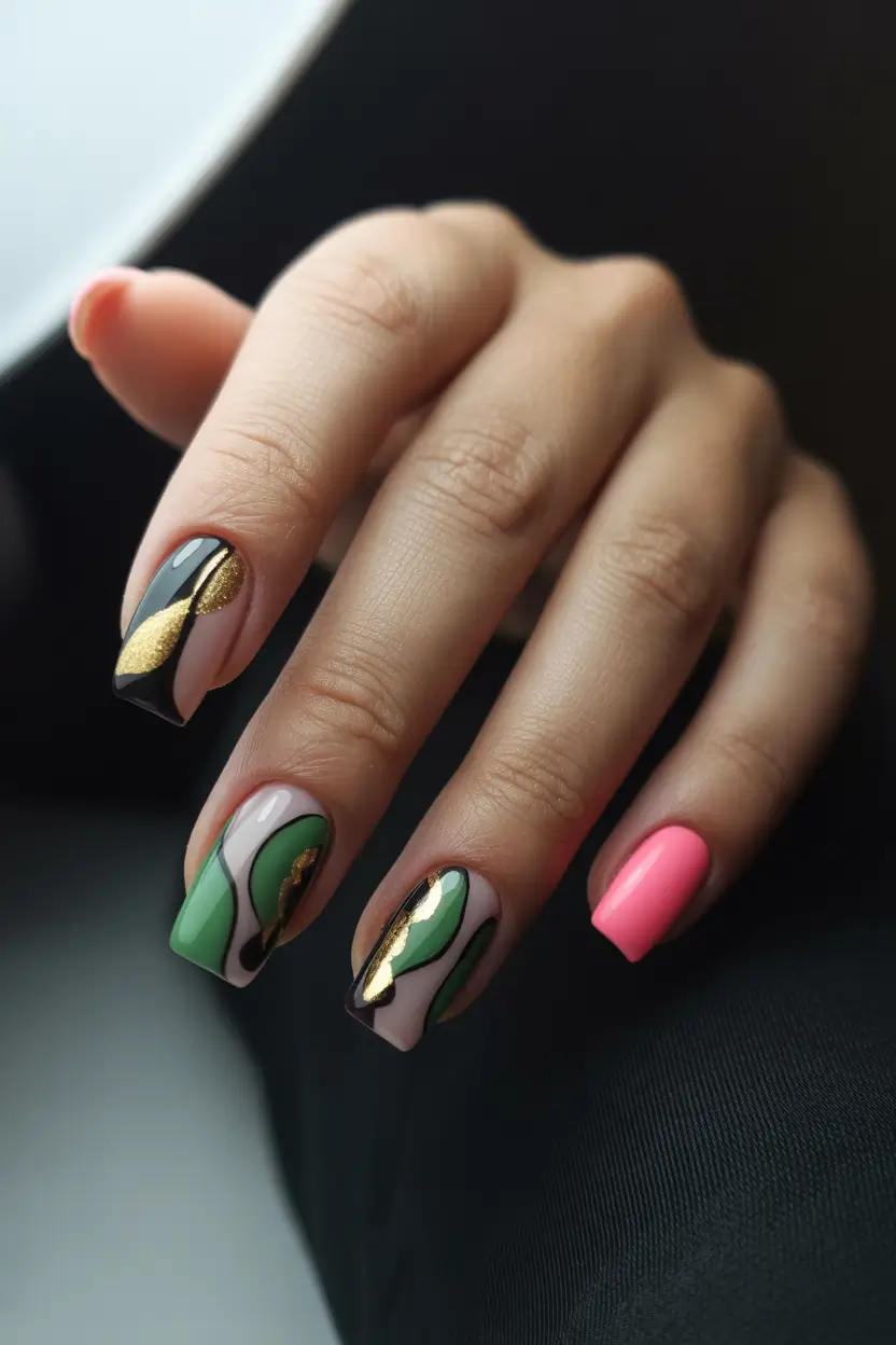 chic pretty spring nails 2026 Modern Green and Gold Abstract Nails