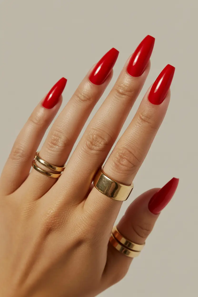 chic pretty spring nails 2026 Classic Glossy Cherry Red Stiletto Nails