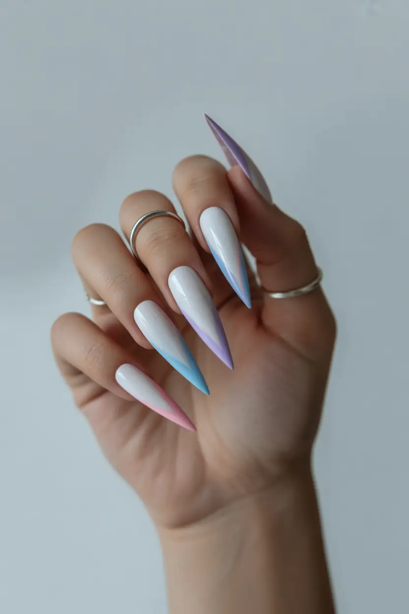 chic pretty spring nails 2026 Pastel French Stiletto Spring Nails