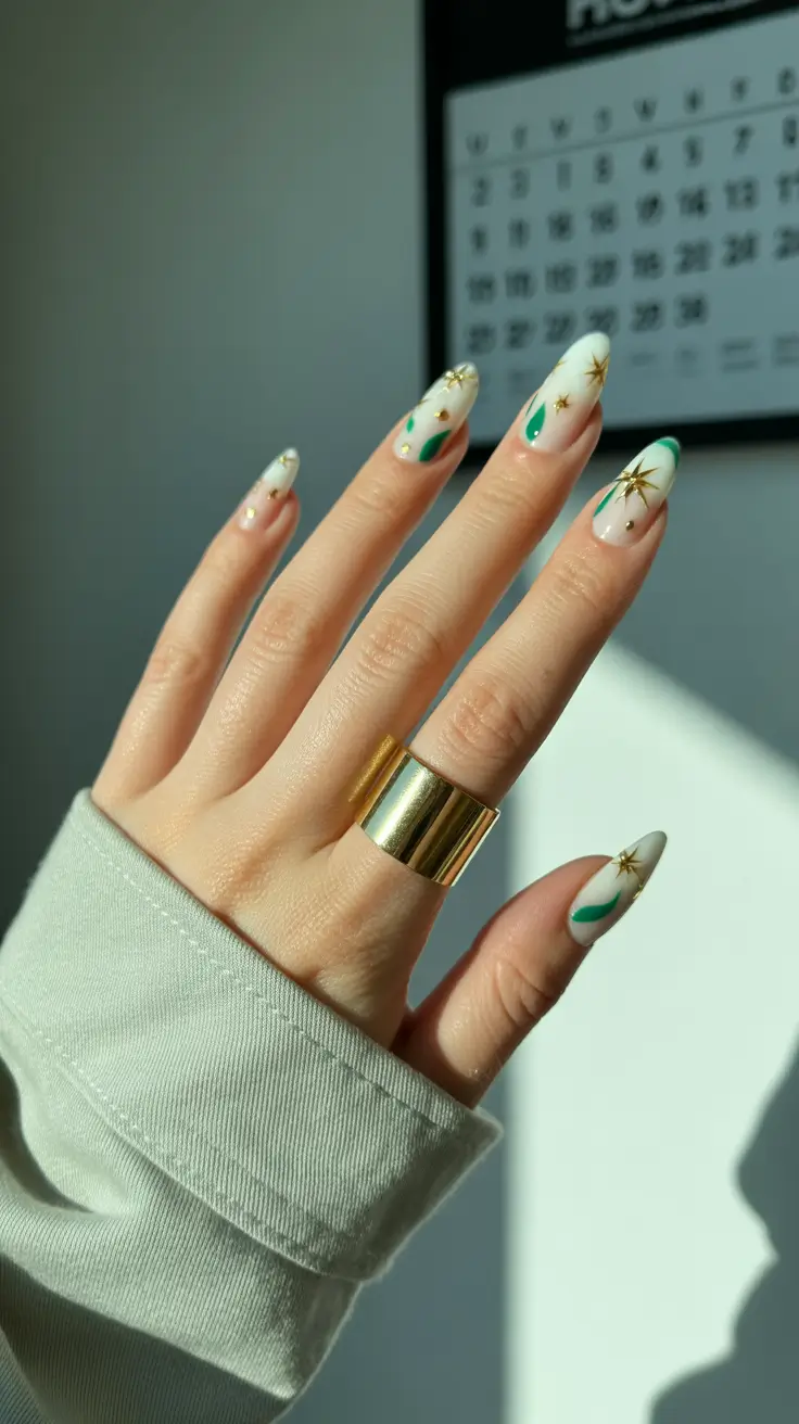 chic pretty spring nails 2026 Green and Gold Celestial Spring Nail Art