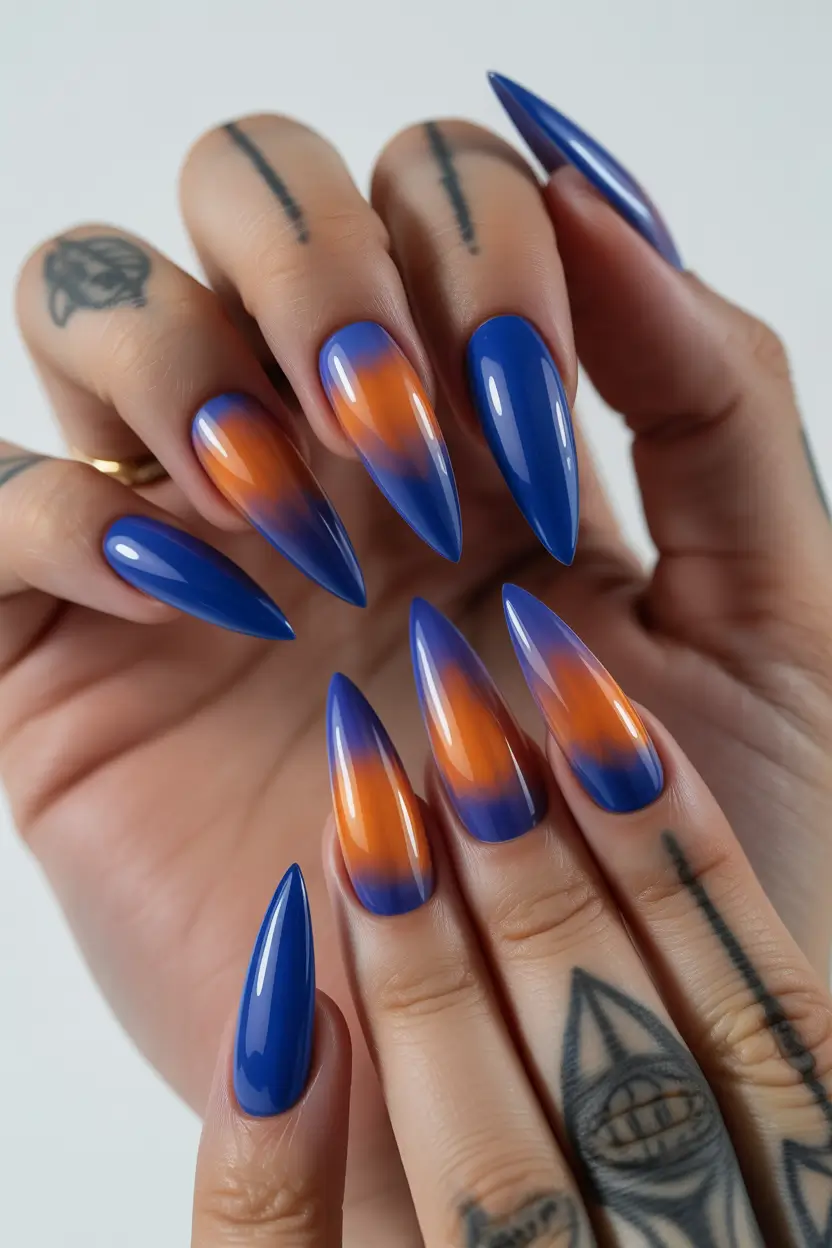 chic pretty spring nails 2026 Electric Blue and Orange Aura Nails