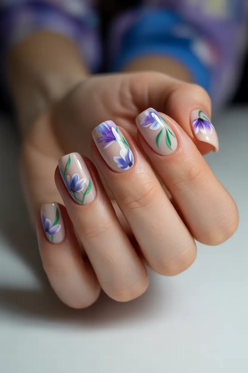 chic pretty spring nails 2026 Delicate purple botanical nail art