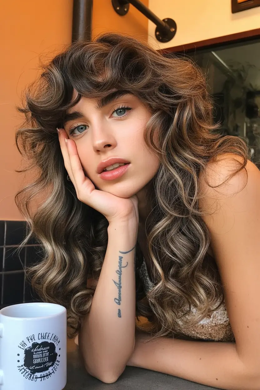 spring dark brown hair color 2026 Soft Brunette Waves with Subtle Blonde Dimension