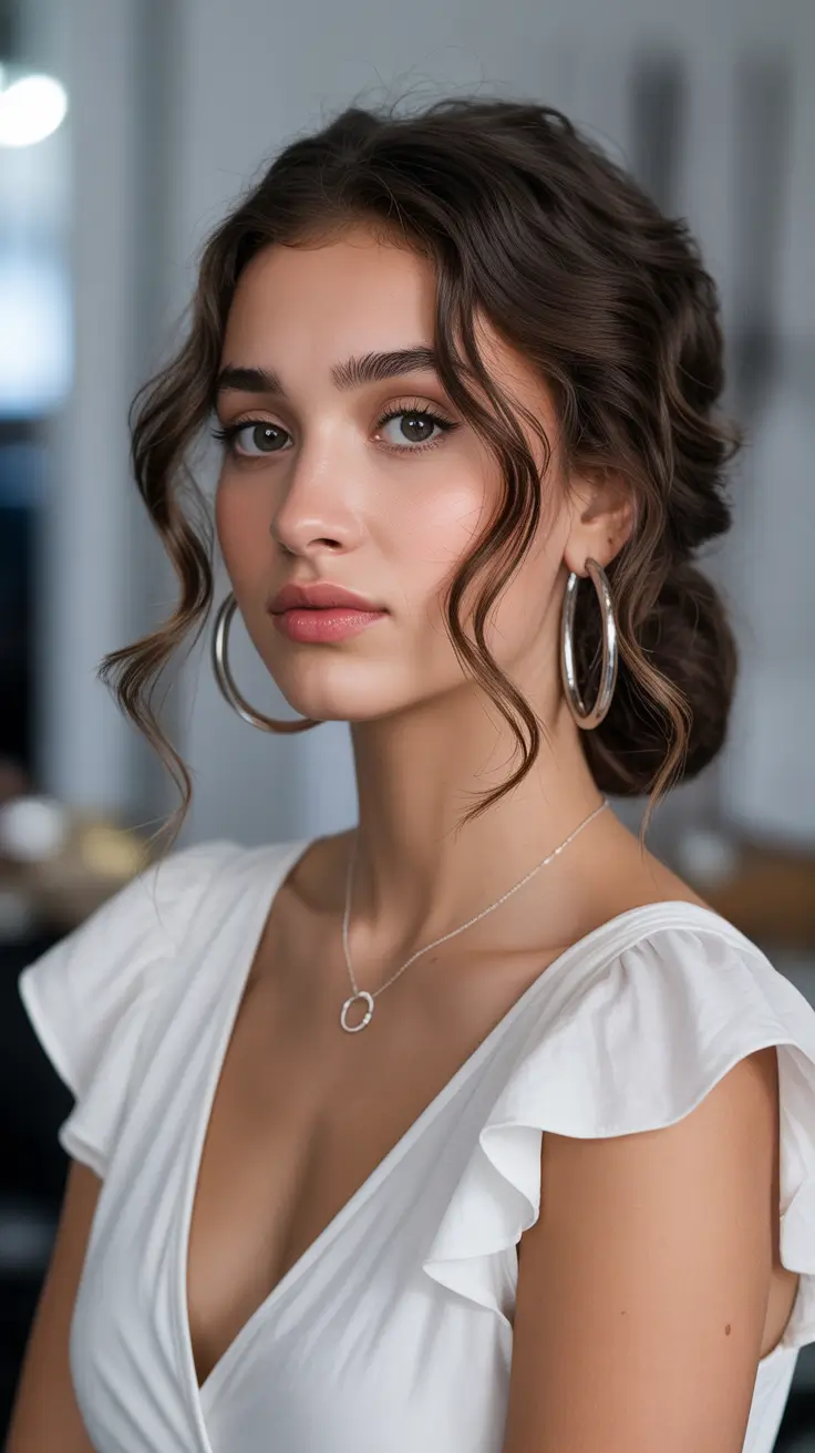 spring dark brown hair color 2026 Elegant Low Brunette Updo with Soft Face Framing Strands