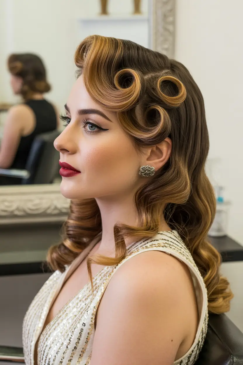 spring dark brown hair color 2026 Vintage Inspired Brunette Waves with Caramel Highlights