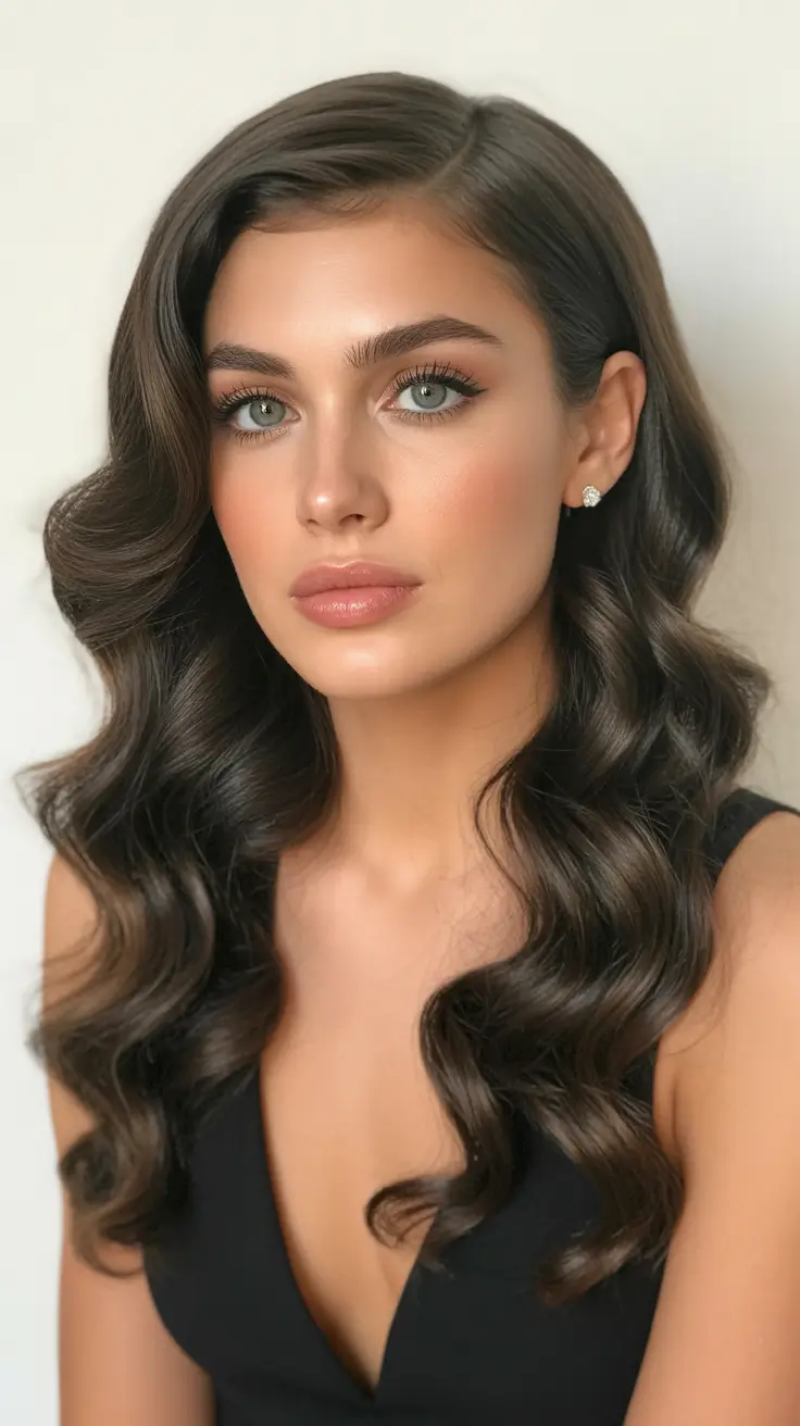 spring dark brown hair color 2026 Glossy Deep Chocolate Brunette with Classic Hollywood Waves