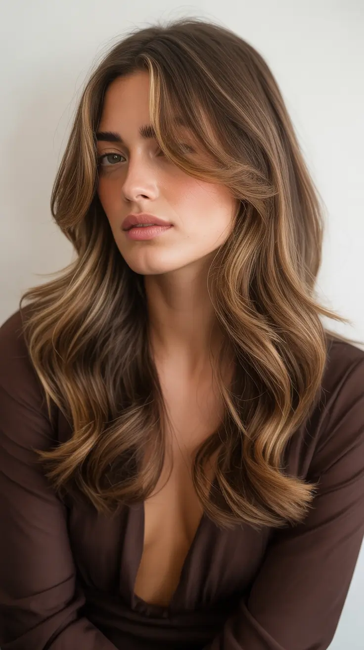 spring dark brown hair color 2026 Soft Caramel Dimension on Dark Brunette Layers