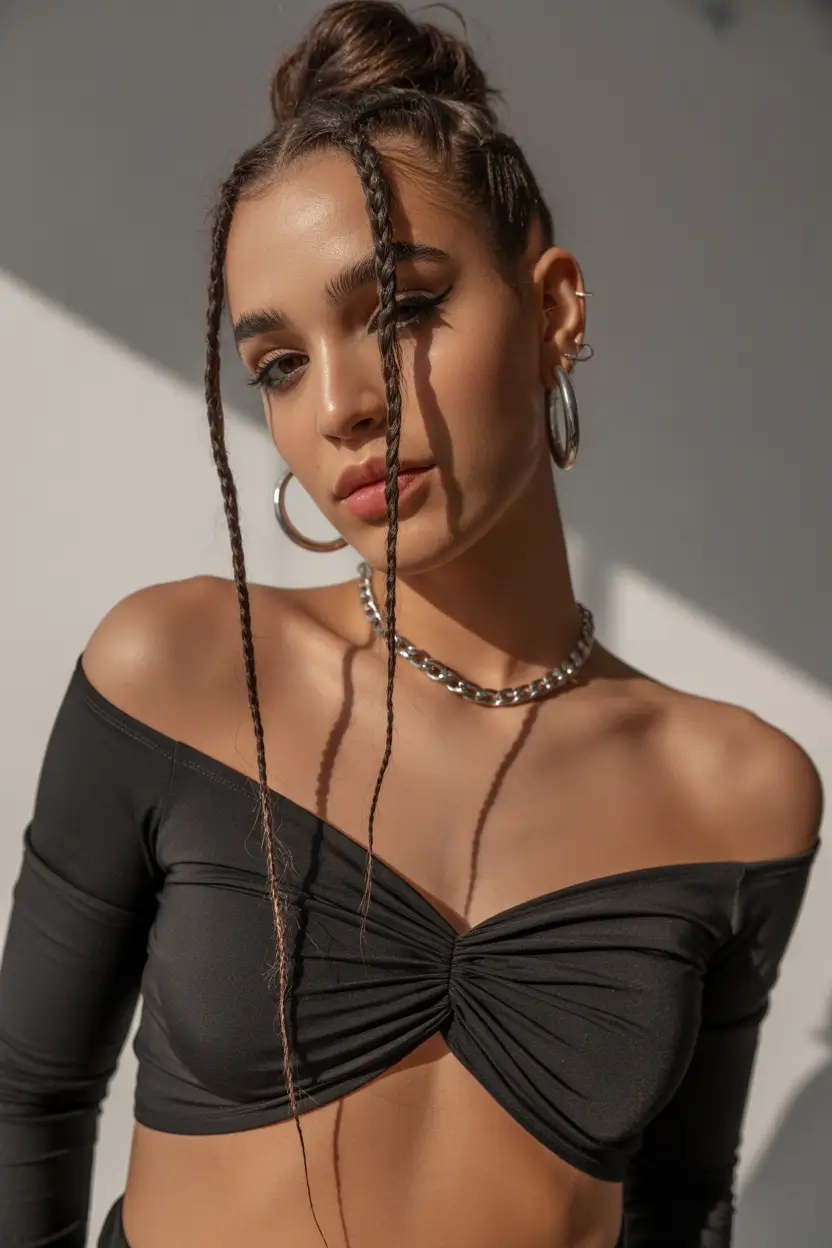 spring dark brown hair color 2026 Playful Braided Accent Bun with Cool Brunette Depth