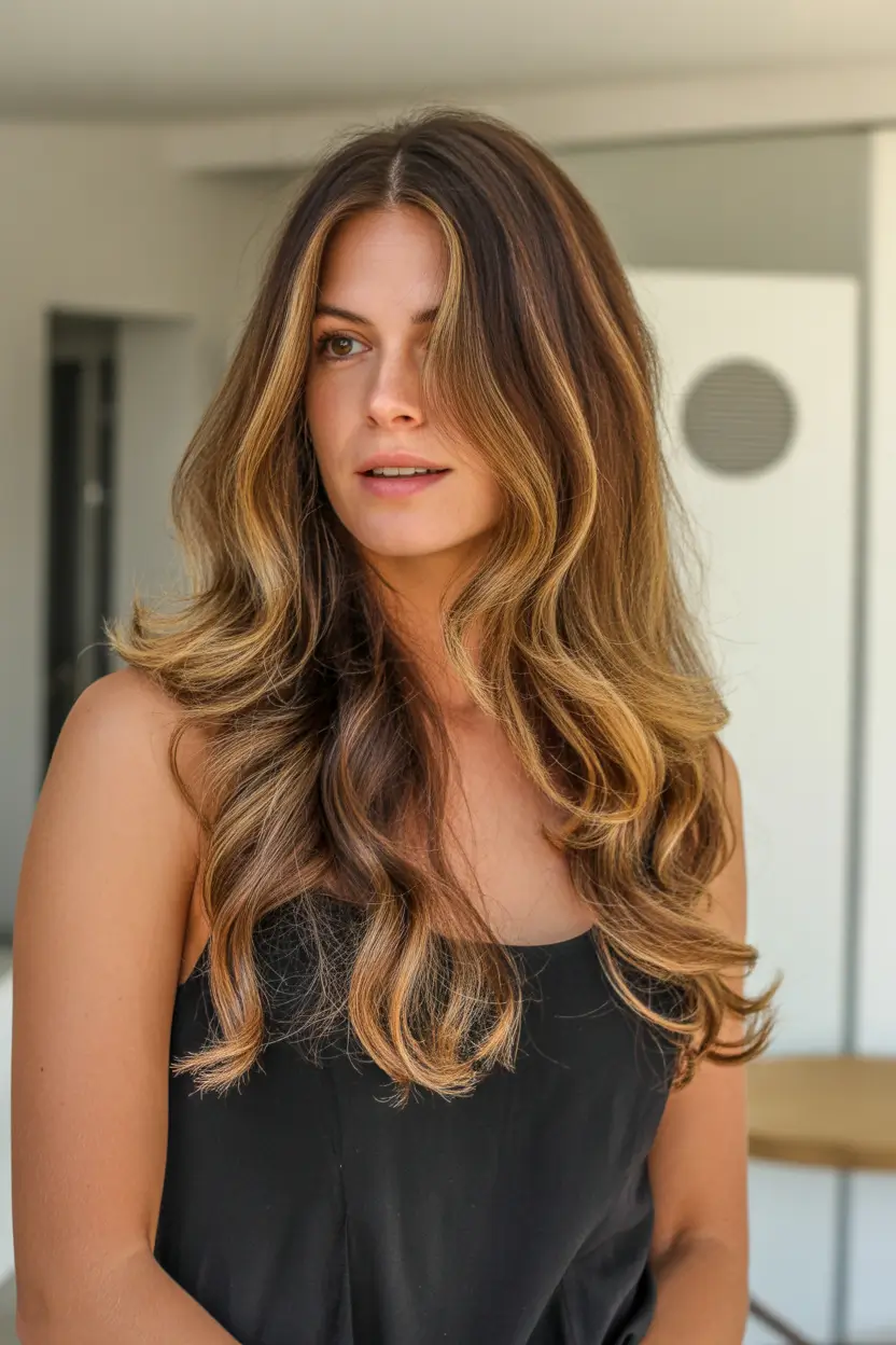 spring dark brown hair color 2026 Deep Brunette with Copper Caramel Dimension