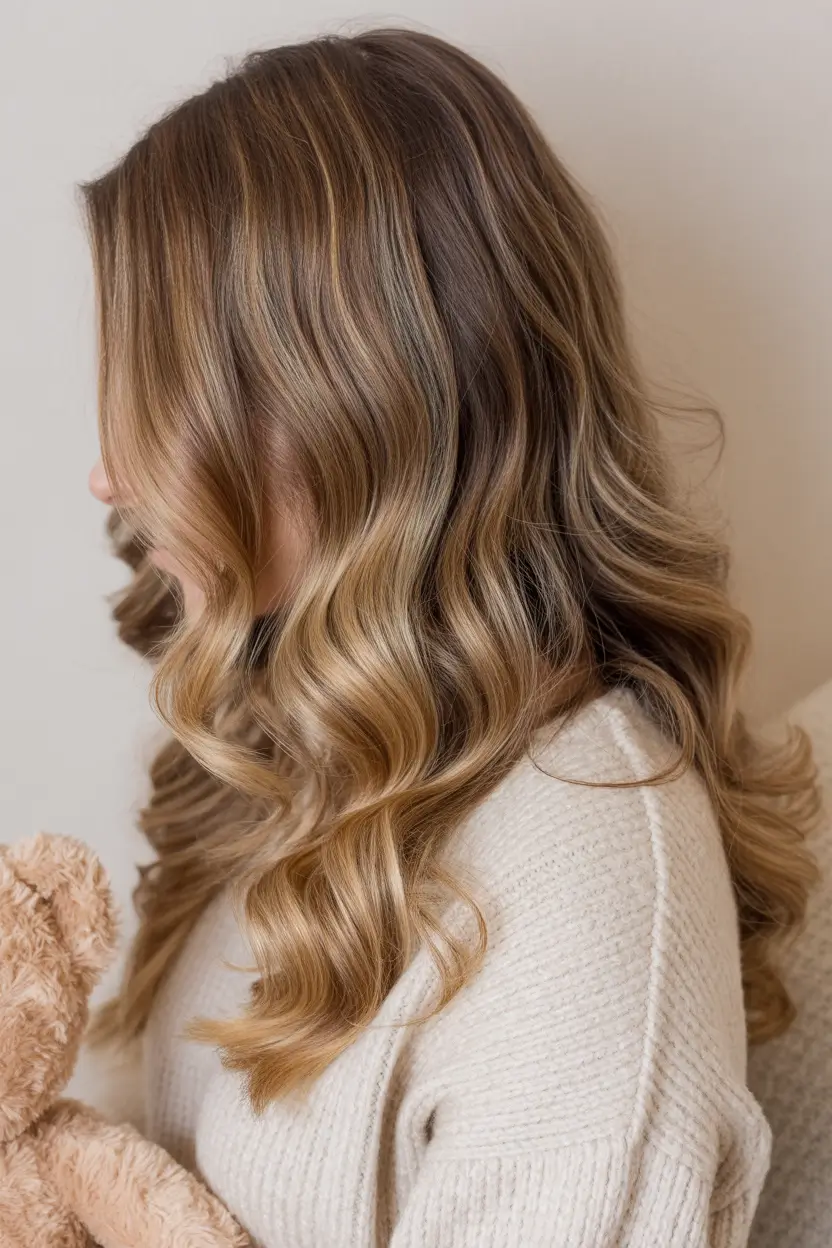 spring dark brown hair color 2026 Soft Honey Balayage on Medium Brunette Waves