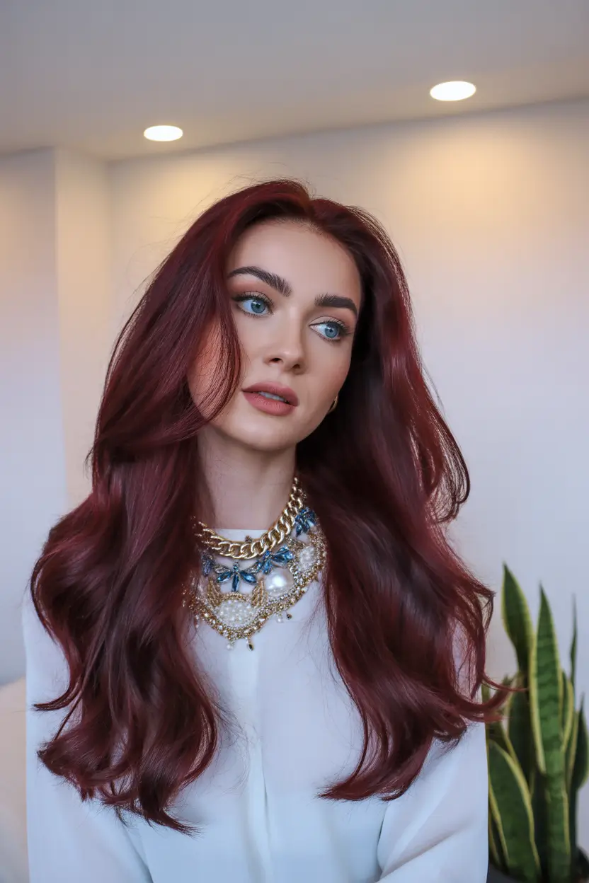 spring dark brown hair color 2026 Deep Burgundy Brunette with Red Chocolate Undertones