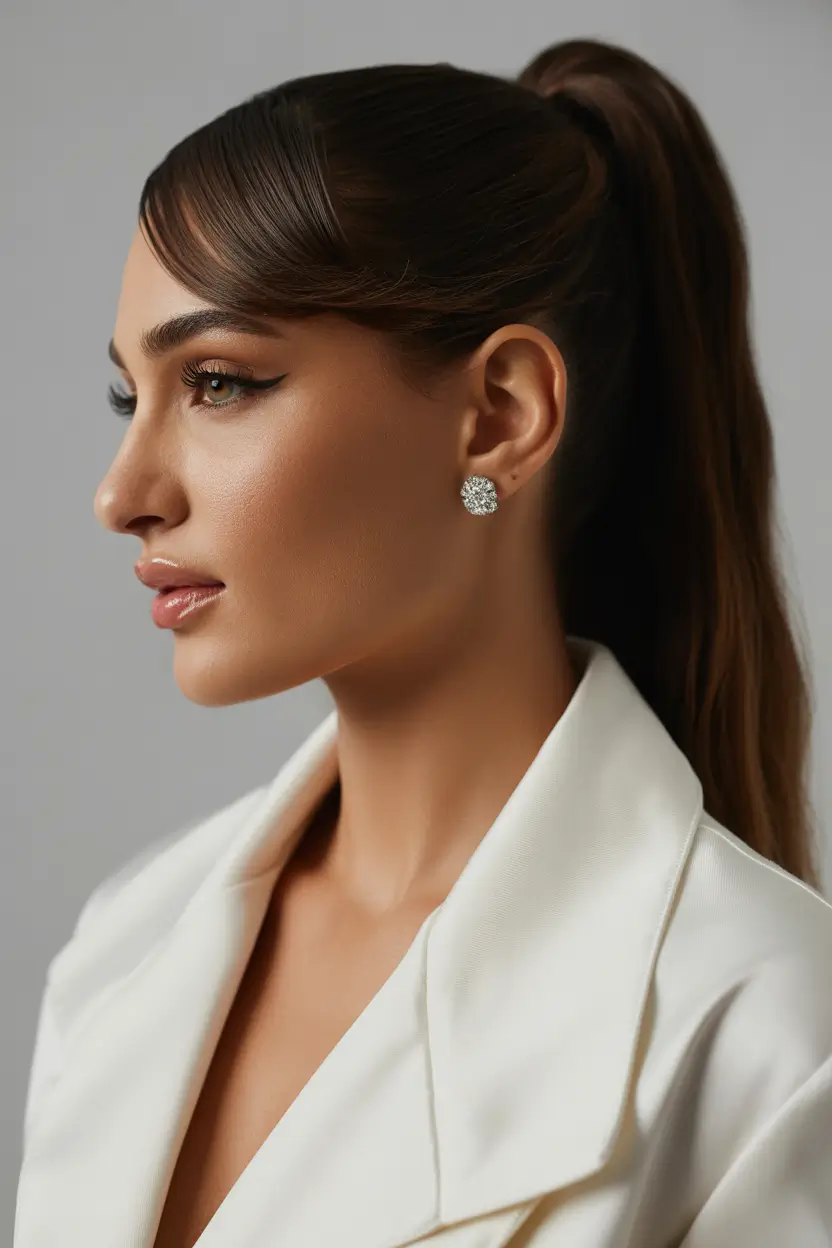 spring dark brown hair color 2026 Polished High Ponytail with Rich Brunette Shine