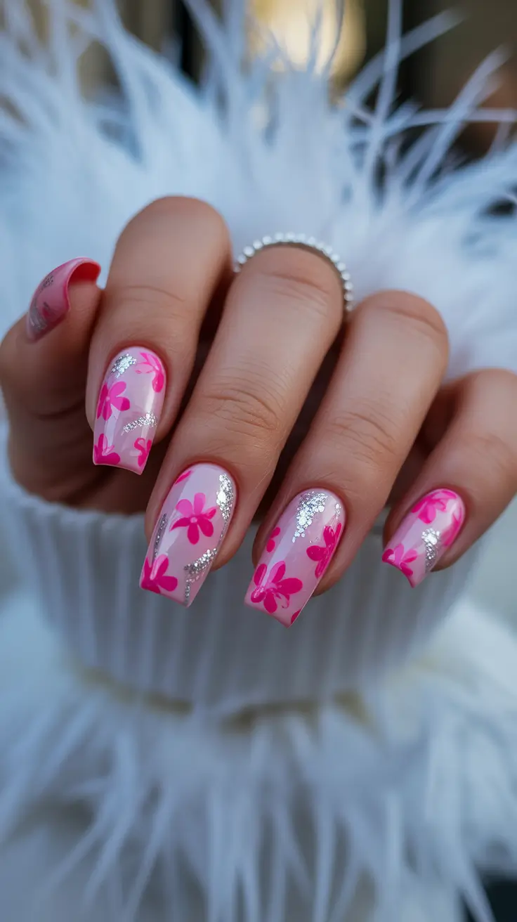 Chic Spring Nails Square 2026 playful pink floral design