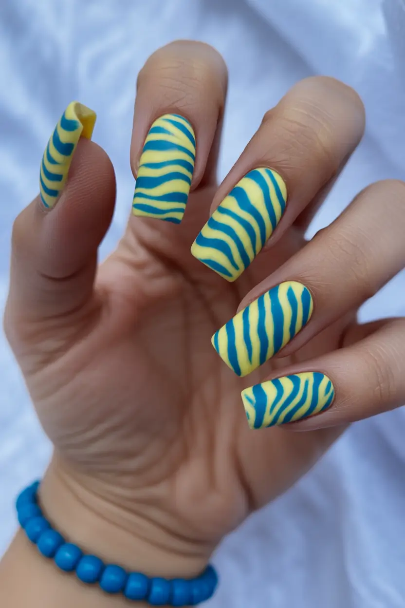Chic Spring Nails Square 2026 yellow teal zebra square nails