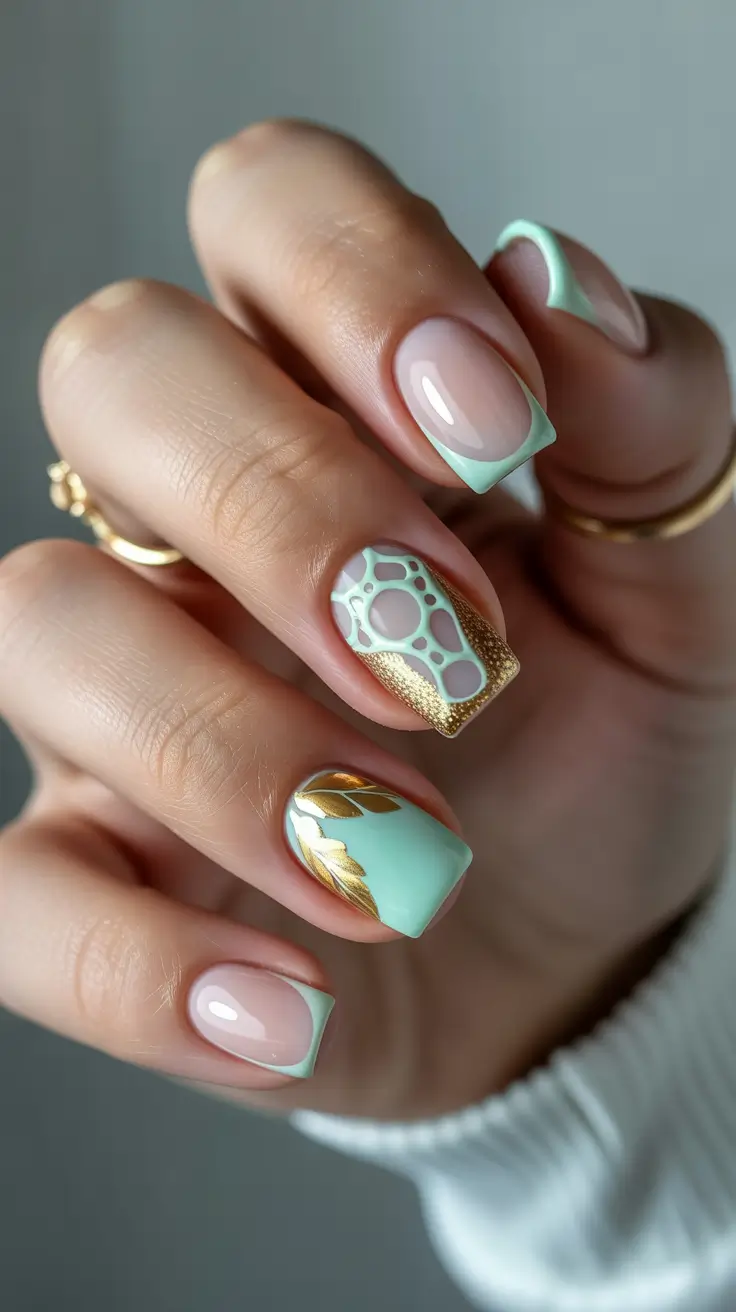 Chic Spring Nails Square 2026 mint french nails with gold accents
